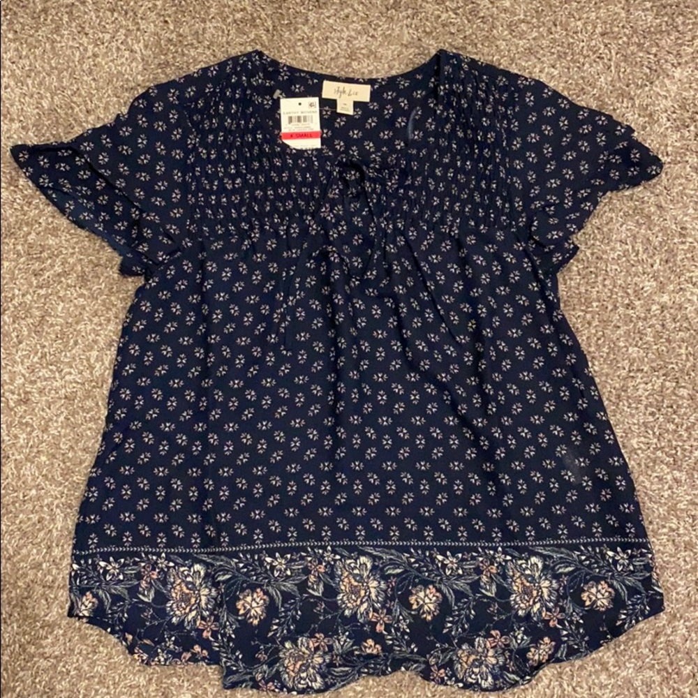 Navy Floral Short Sleeve Blouse